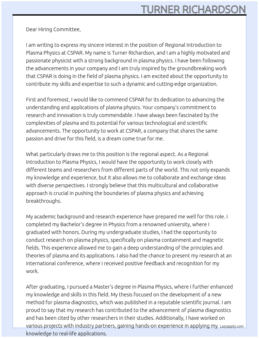 Regional Introduction to Plasma Physics At CSPAR Cover Letter