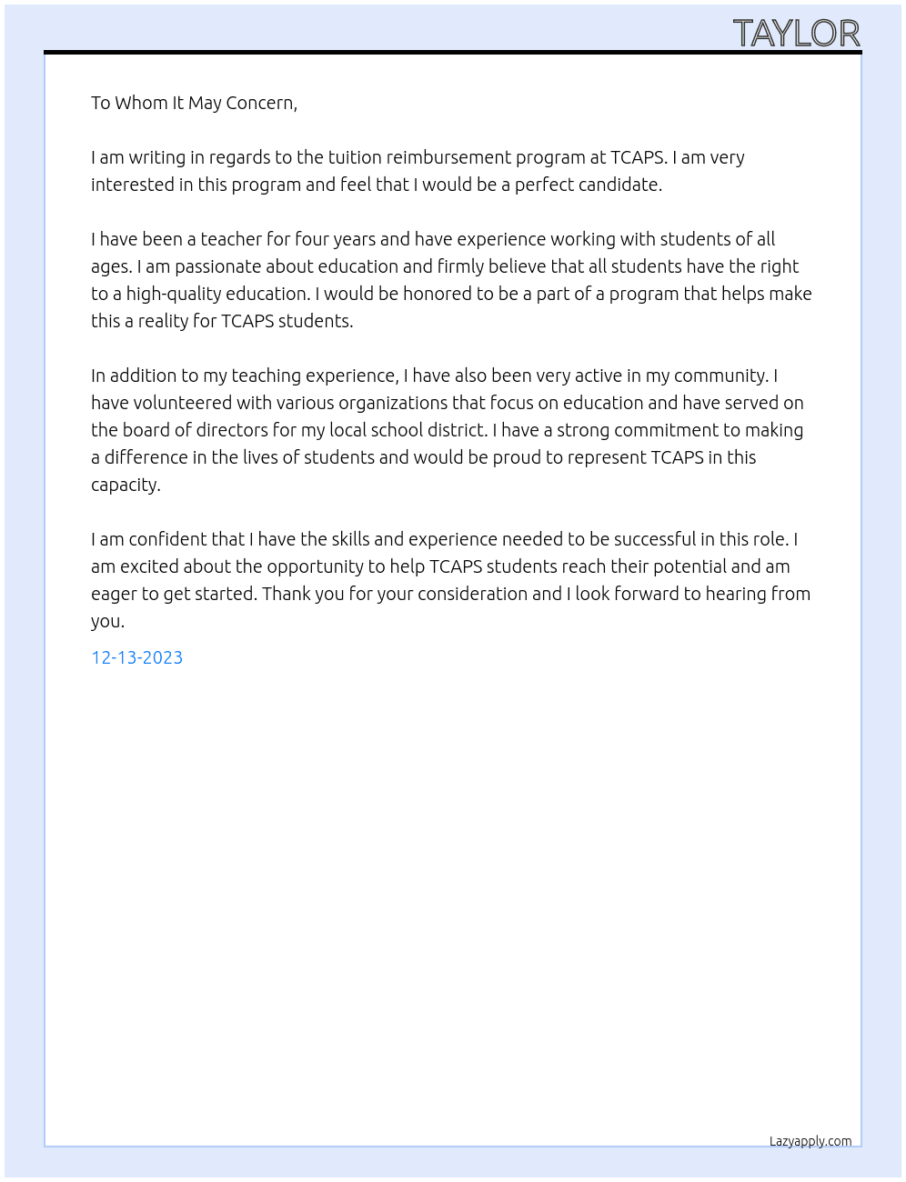 tuition reimbersment At tcaps Cover Letter