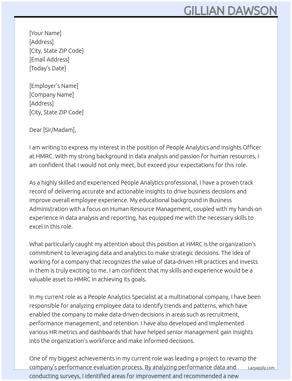 People Analytics and Insights Officer At HMRC Cover Letter
