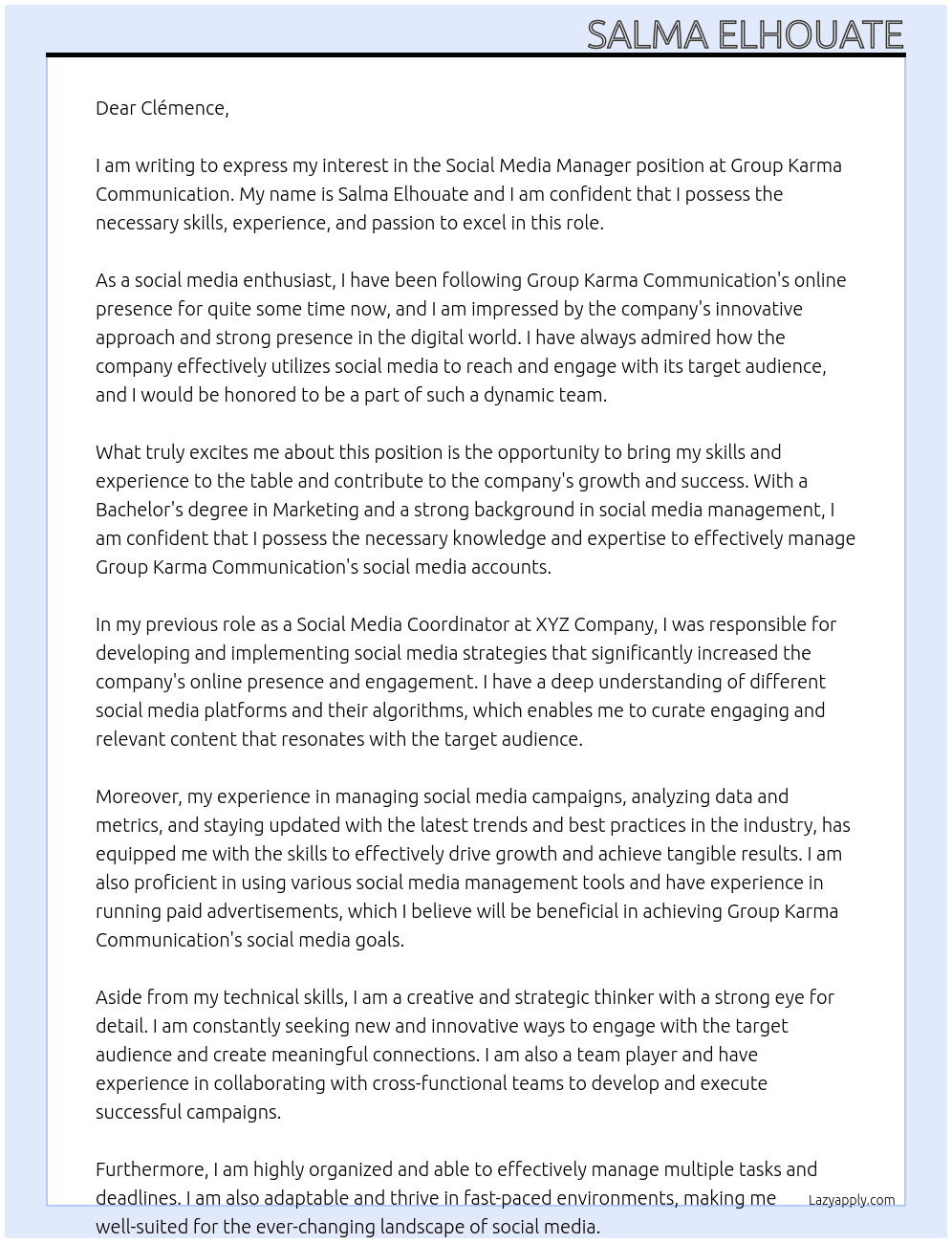 Social media manager At Group karma communication Cover Letter
