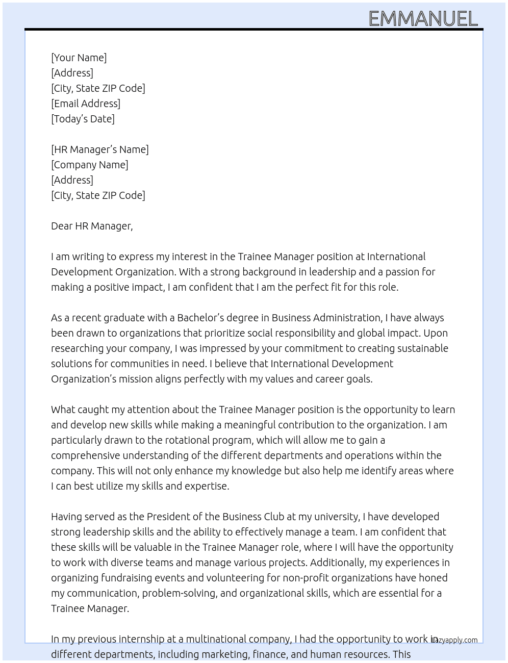 Trainee managers  At International Development Organization Cover Letter