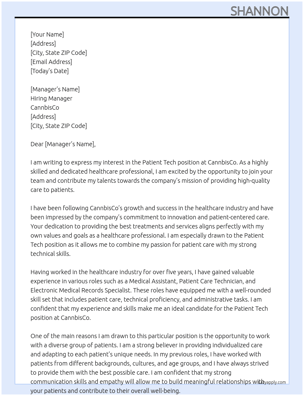 Patient Tech At CannbisCo Cover Letter