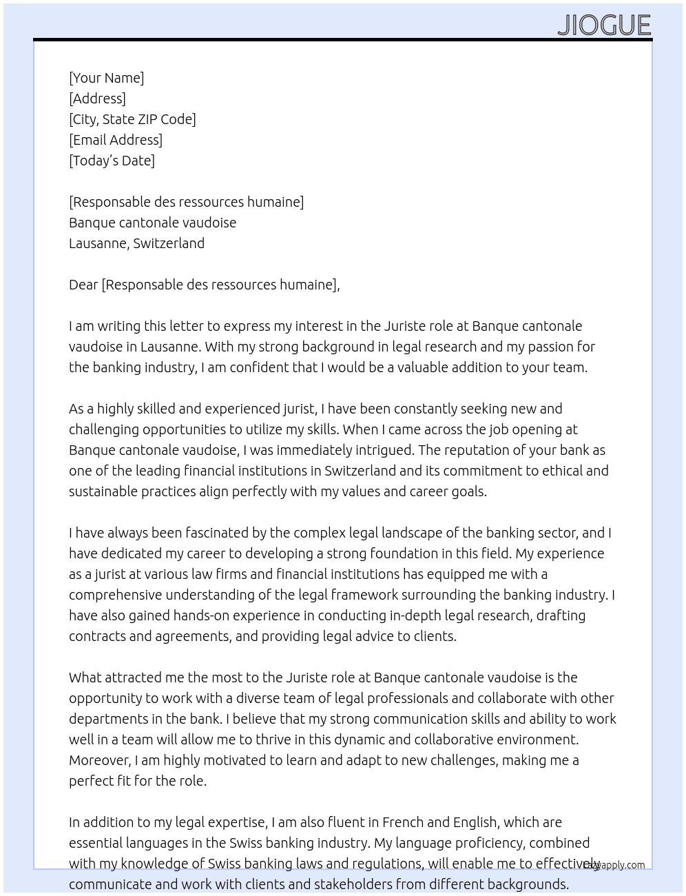 Juriste At Banque cantonale vaudoise, Lausanne Cover Letter