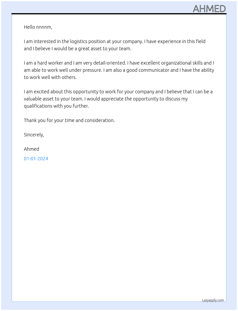 logistics  At nnnn Cover Letter