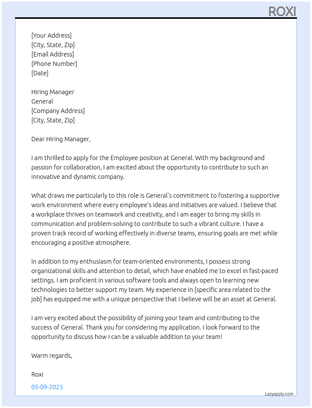 Employee  At General  Cover Letter