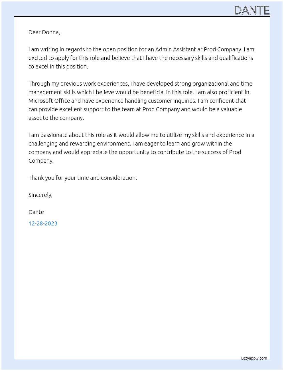 Admin Assistant At Prod Company Cover Letter