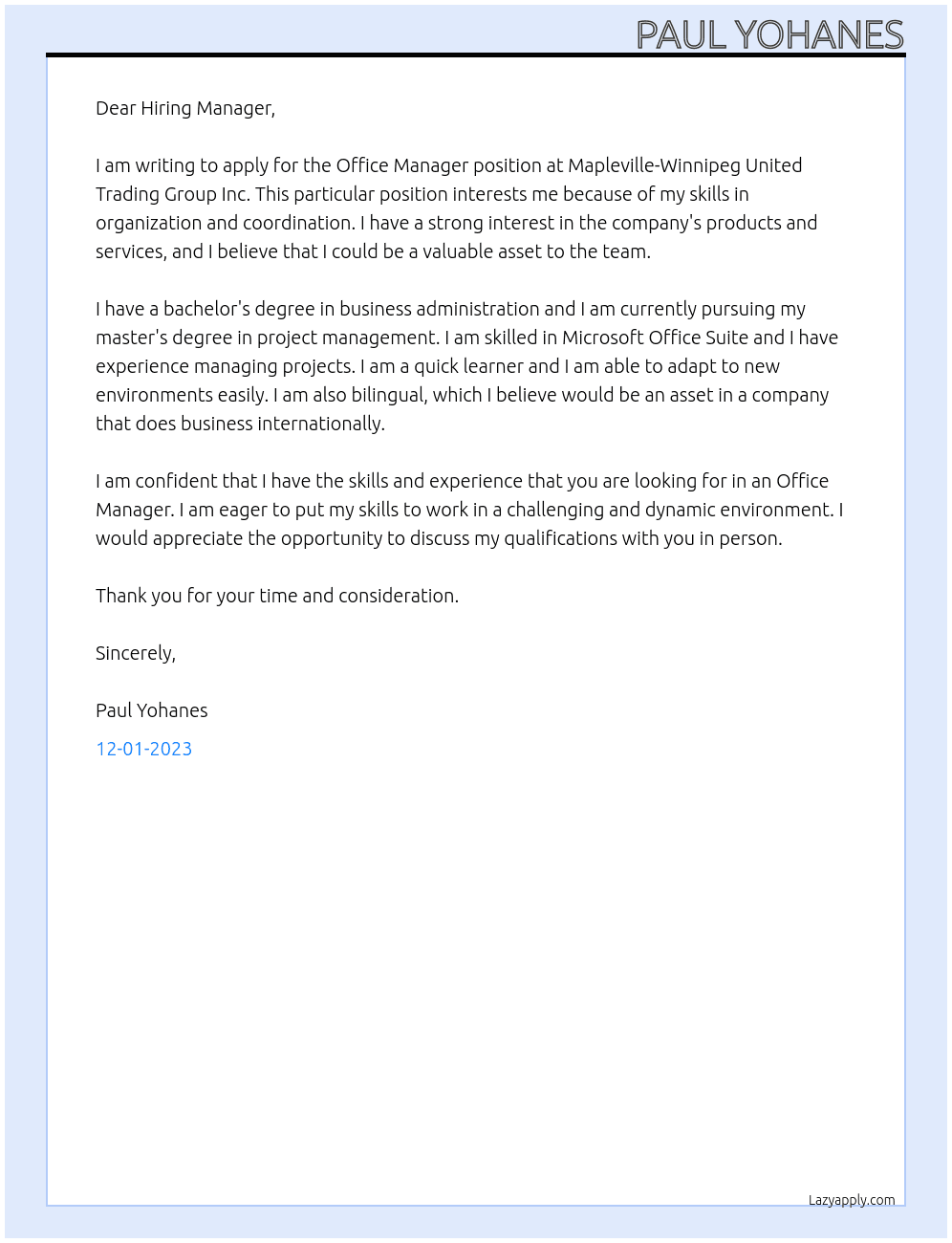 Office Manager At Mapleville-Winnipeg United Trading Group Inc Cover Letter