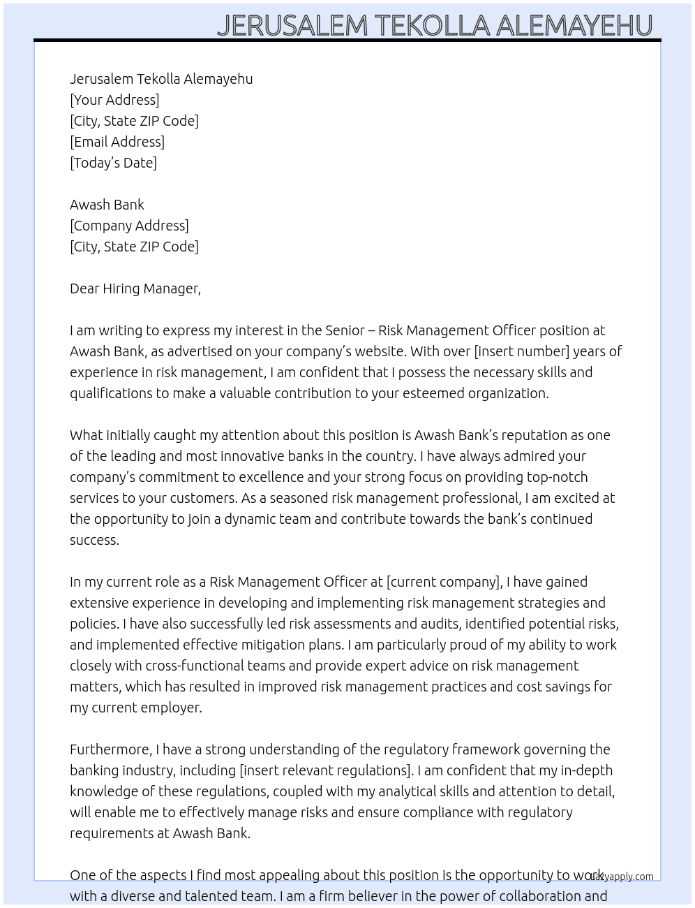 Senior – Risk Management Officer At Awash Bank  Cover Letter