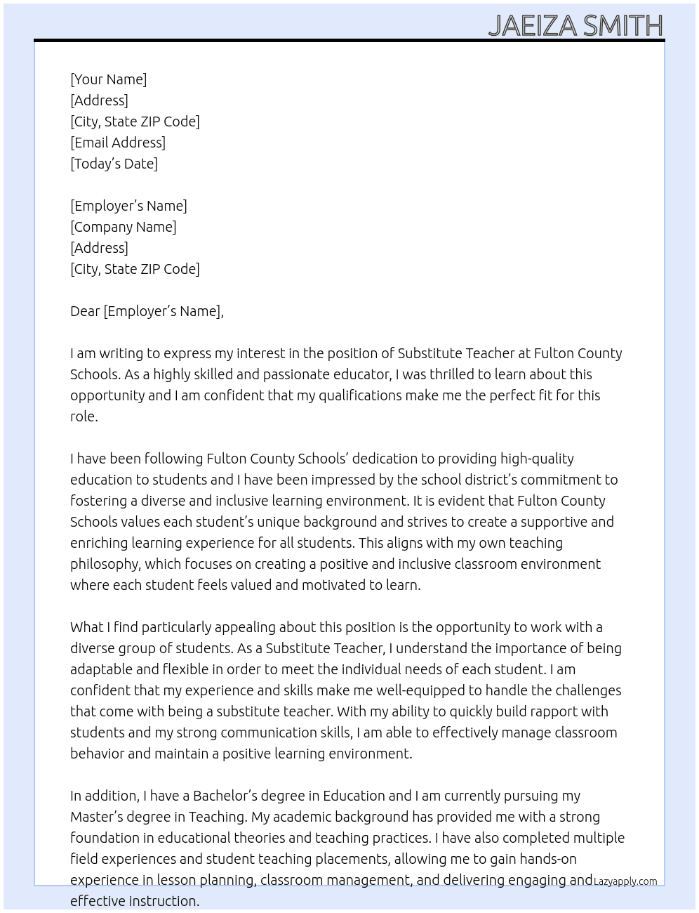 Substitute Teacher At Fulton County Schools Cover Letter