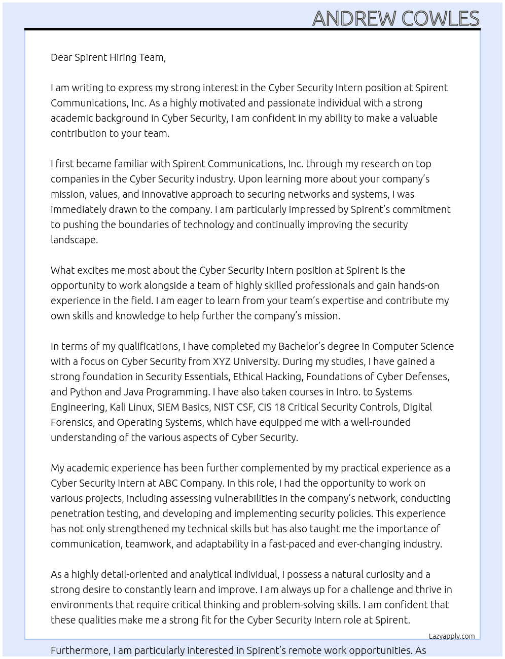 Cyber Security Intern At Spirent Communications, Inc. Cover Letter