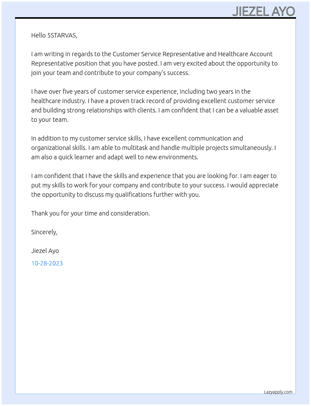 Customer Service Representative , Healthcare Account Representative At 5STARVAS Cover Letter