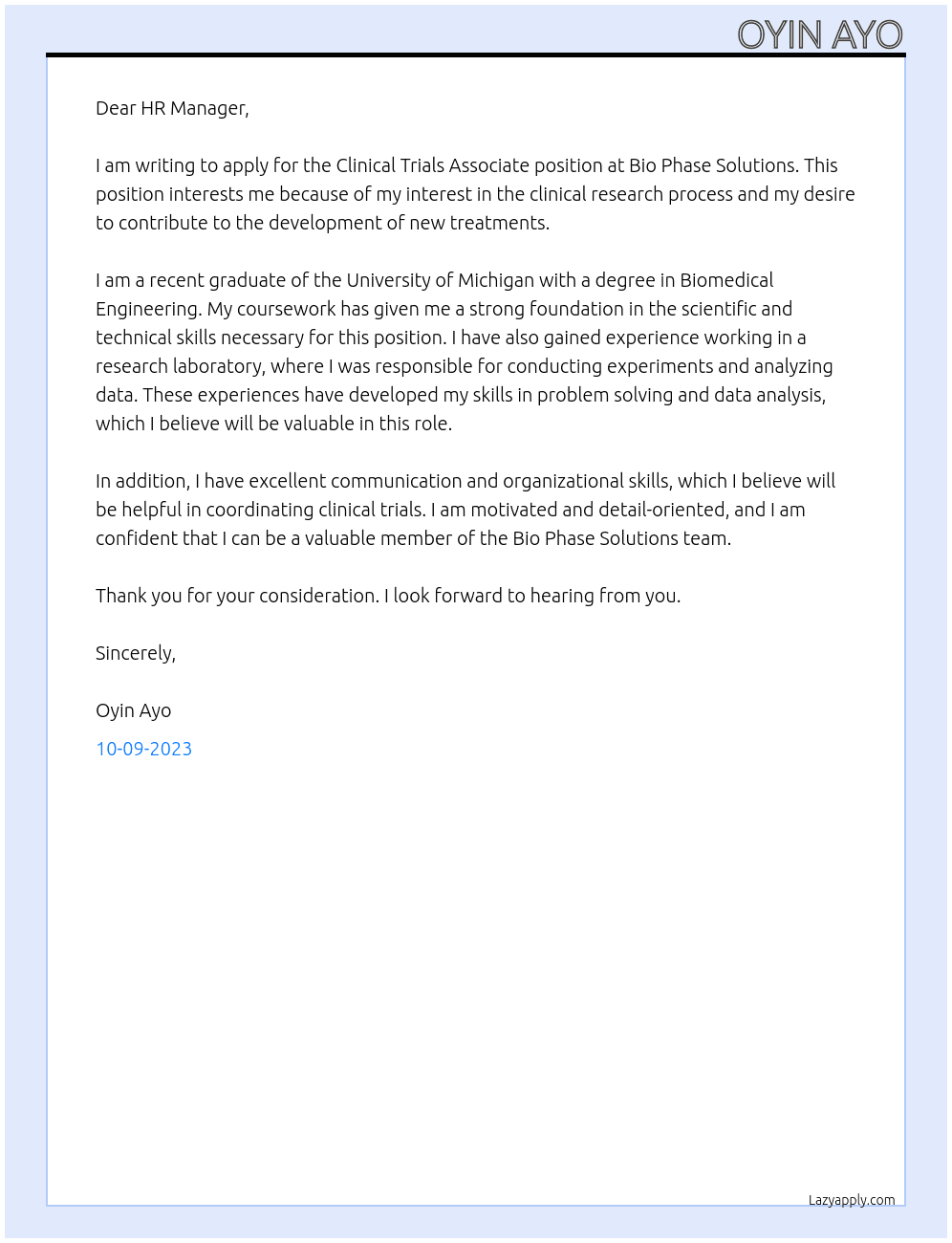 Clinical Trials Associate At Bio Phase Solutions Cover Letter