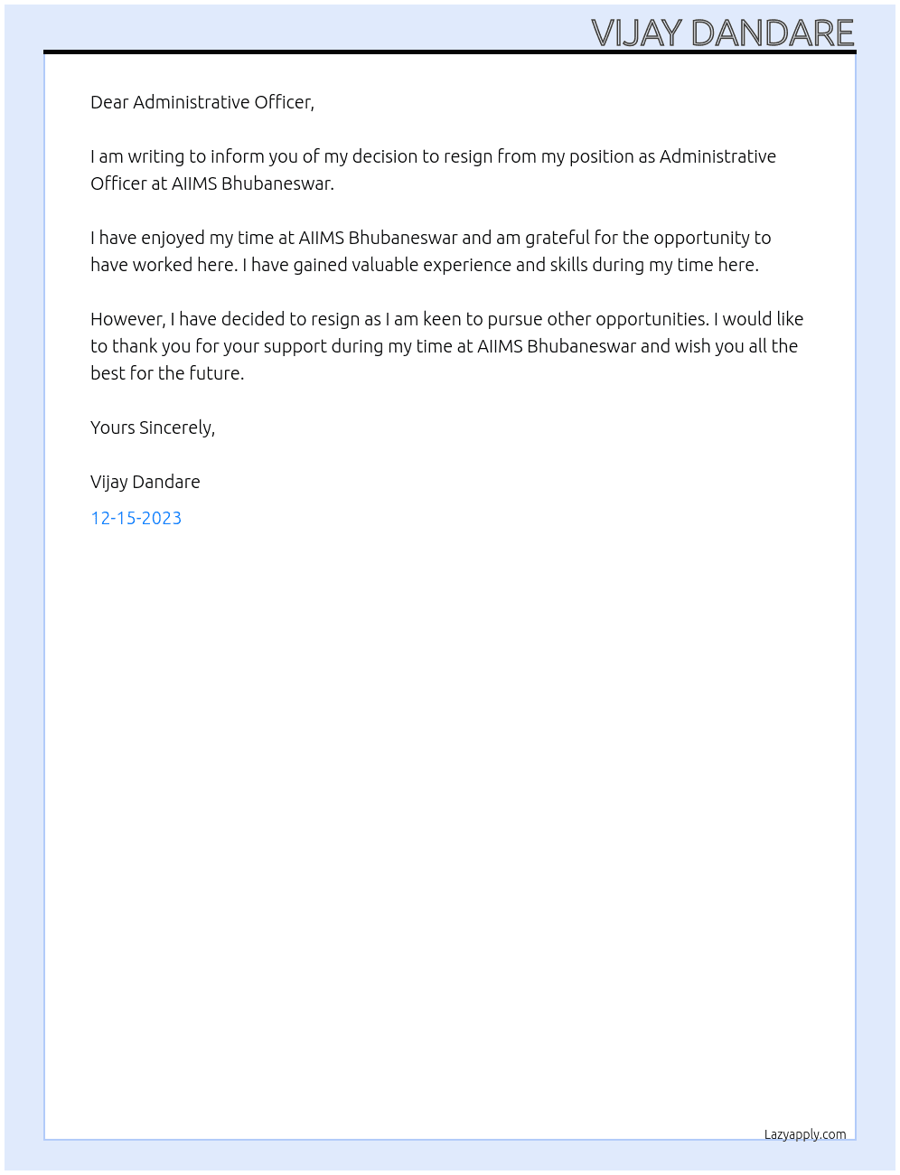 Resignation letter  At AIIMS bhubaneswar  Cover Letter