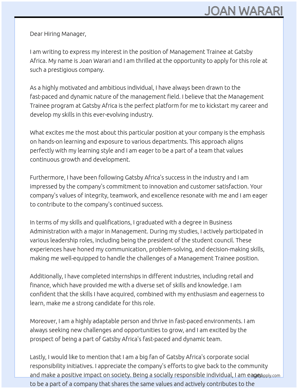 Management Trainee At Gatsby Africa Cover Letter
