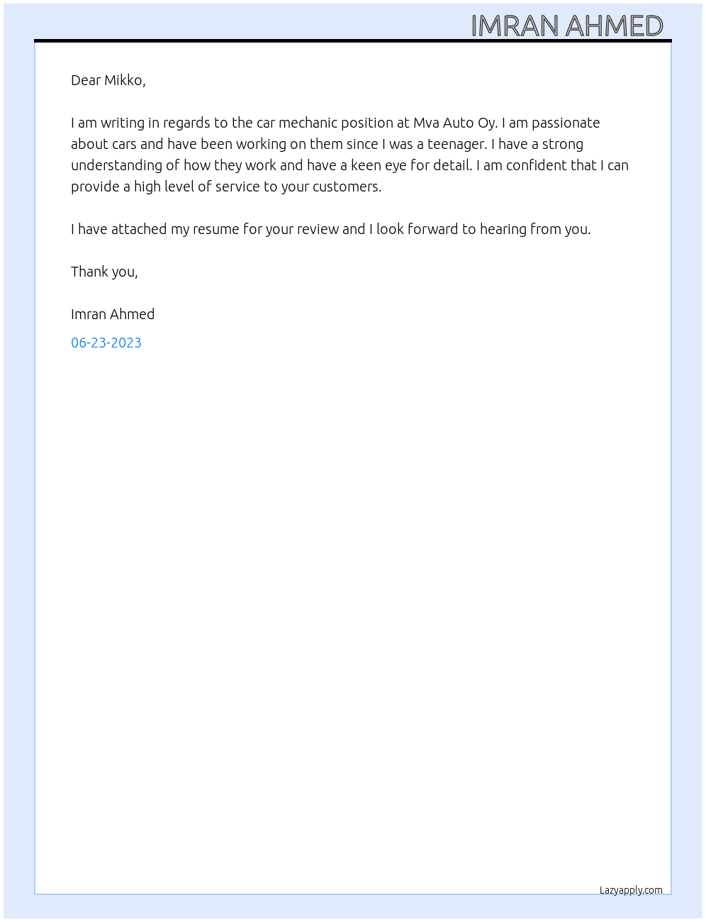 Car mechanic  At Mva Auto Oy Cover Letter