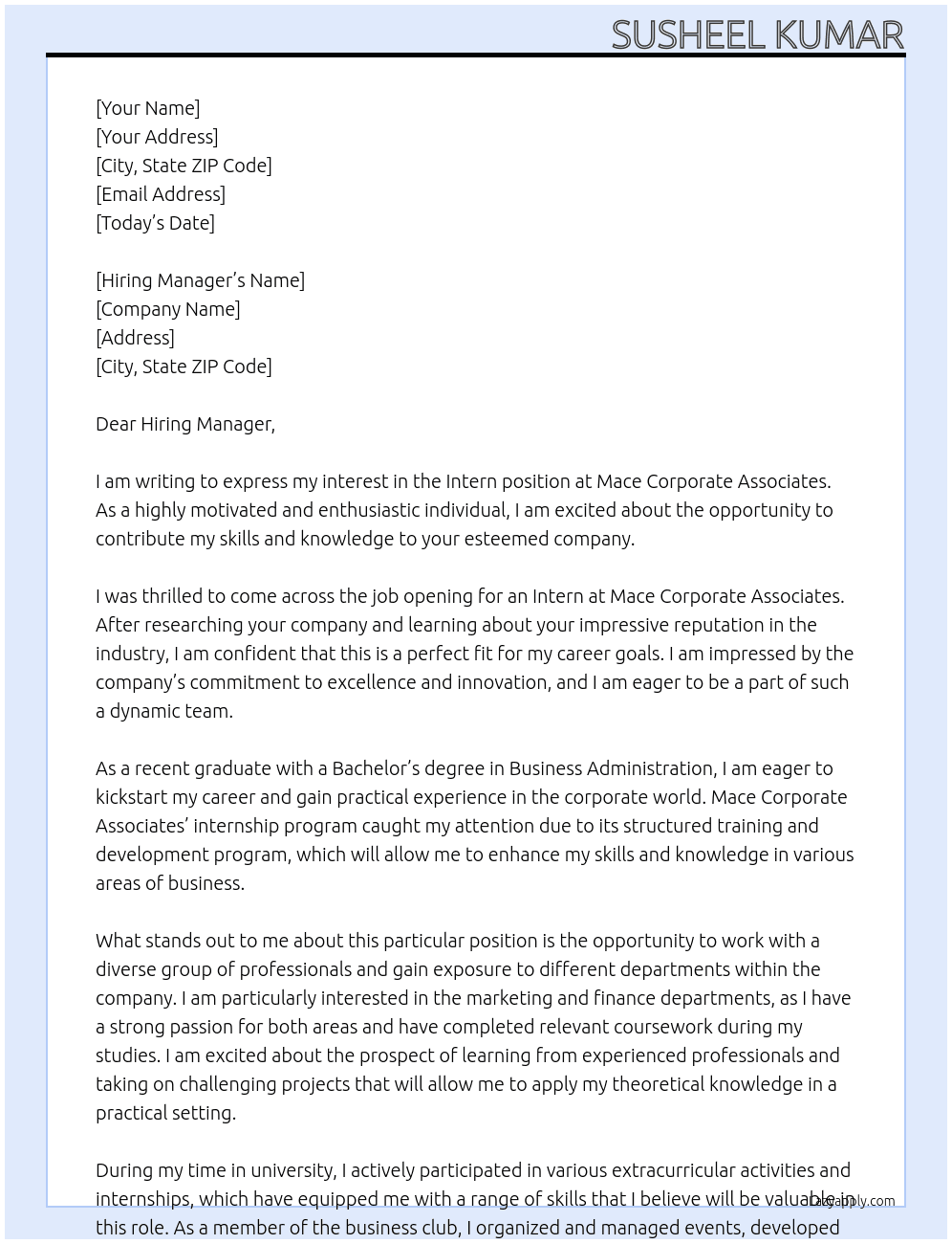 Intern At Mace Corporate Associates Cover Letter