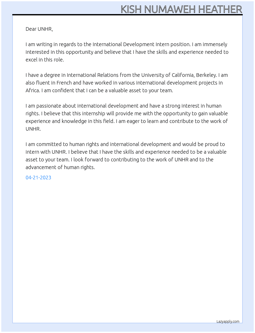 International Development Intern At UNHR Cover Letter