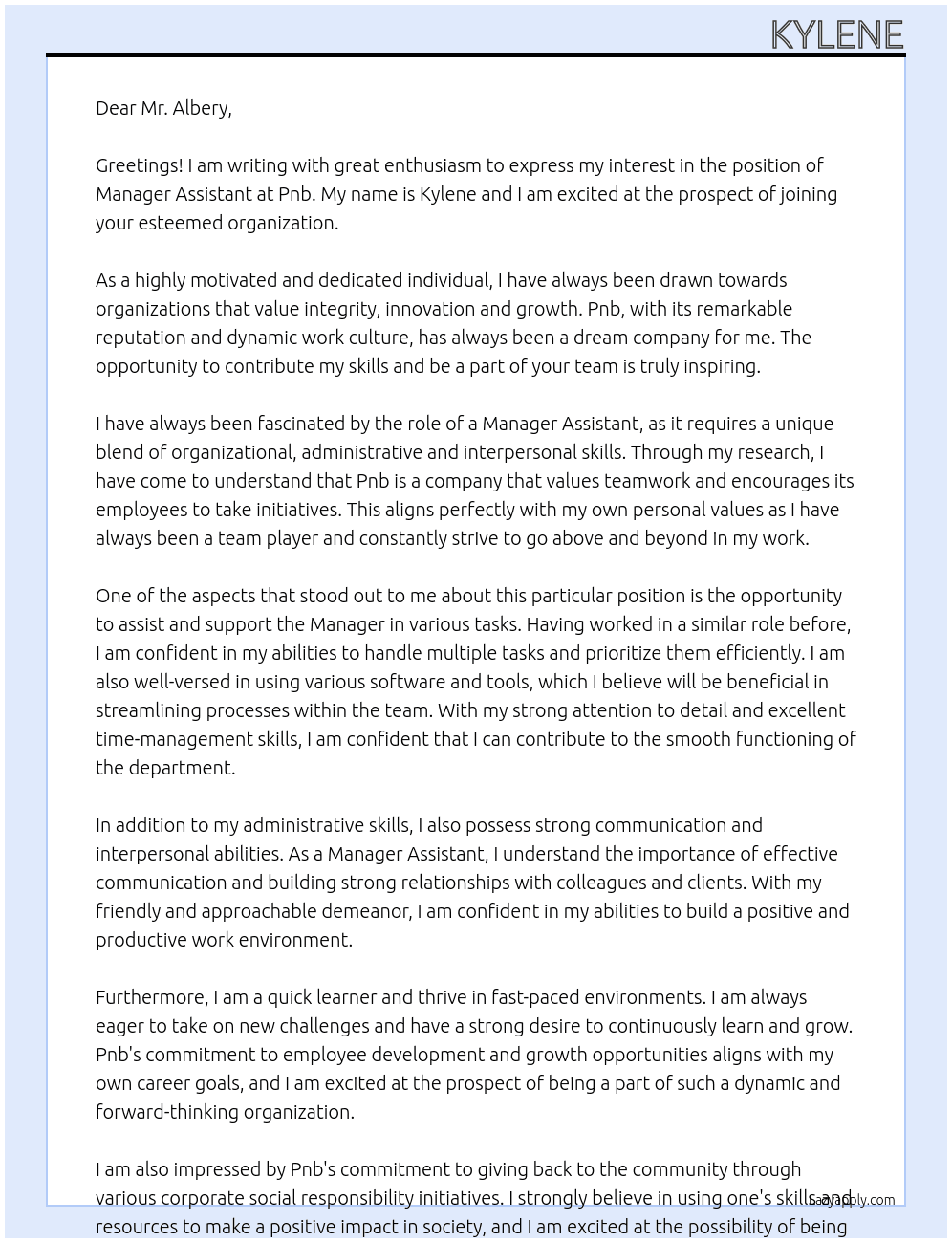 Manager assistant  At Pnb Cover Letter