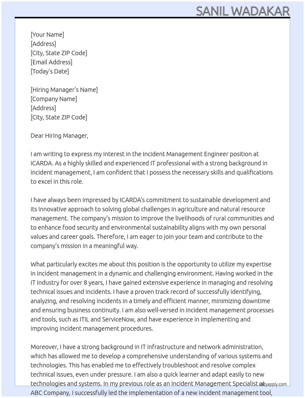 Incident Management Engineer At ICARDA Cover Letter
