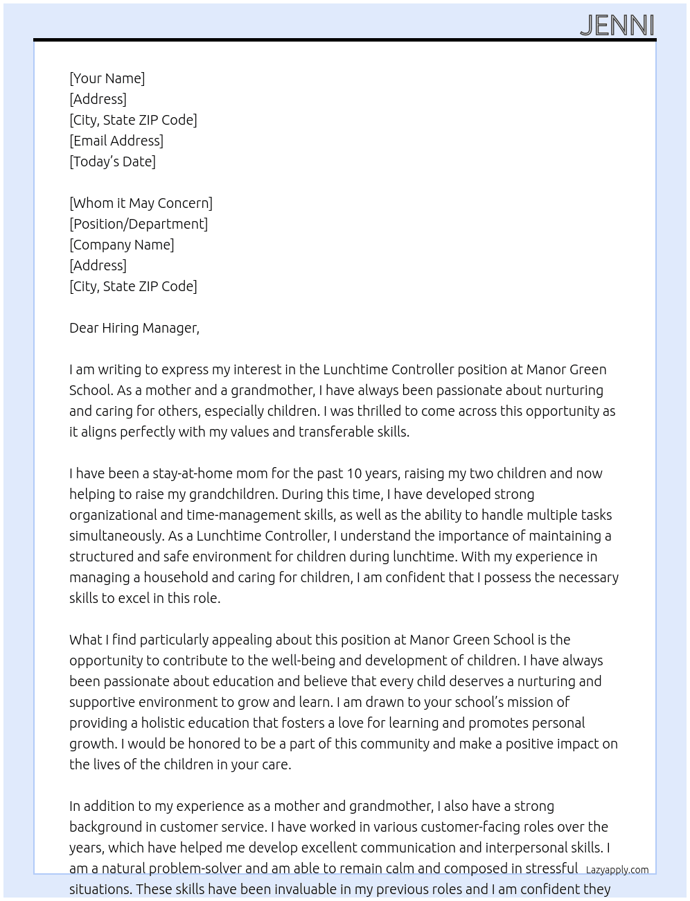 Lunchtime Controller At Manor Green School Cover Letter