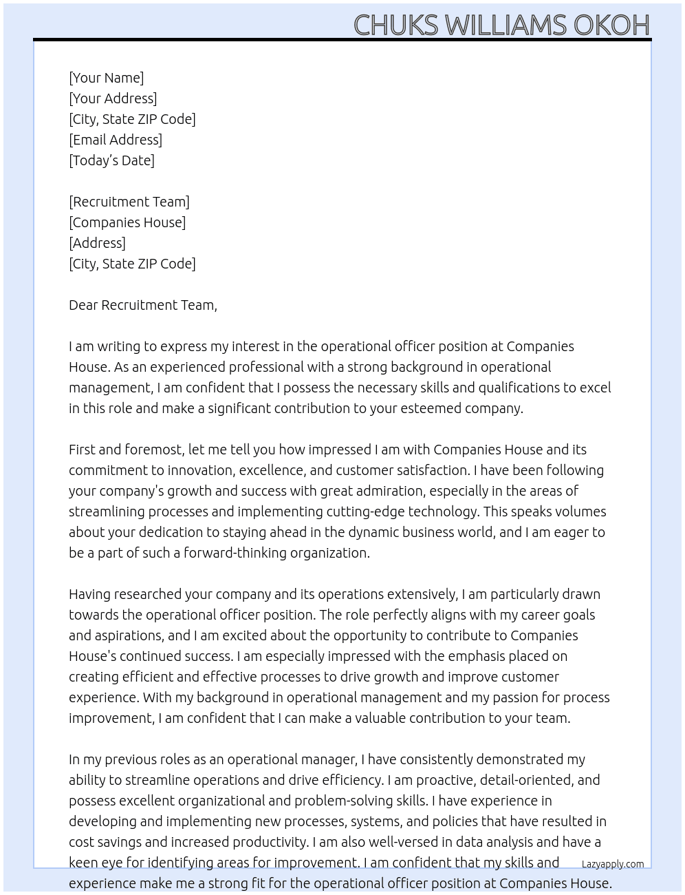 operational officer At Companies House Cover Letter