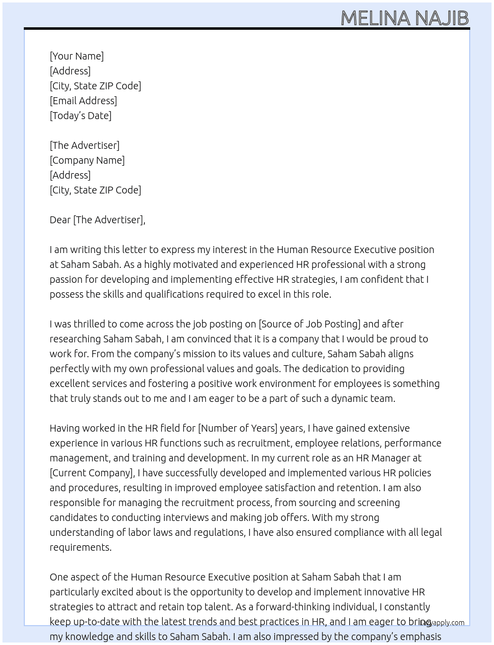 Human Resource Executive At Saham Sabah Cover Letter