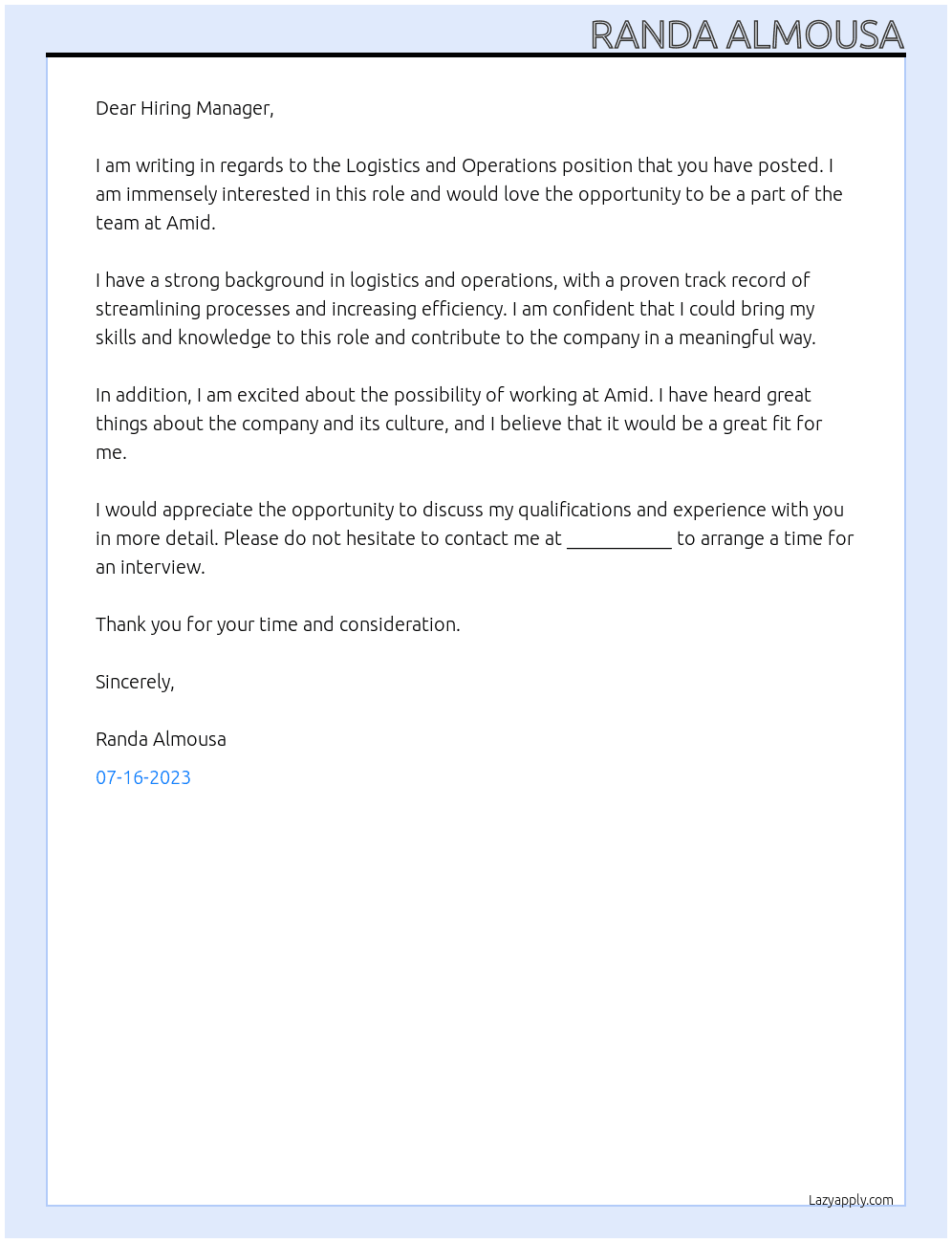 Logistics and operations At Amid Cover Letter