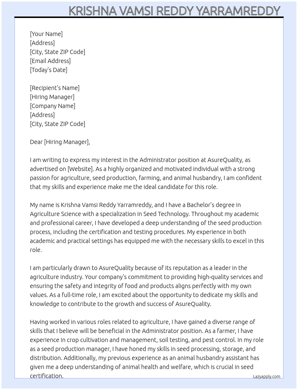 Administrator - Seed Certification Bureau At AsureQuality Cover Letter