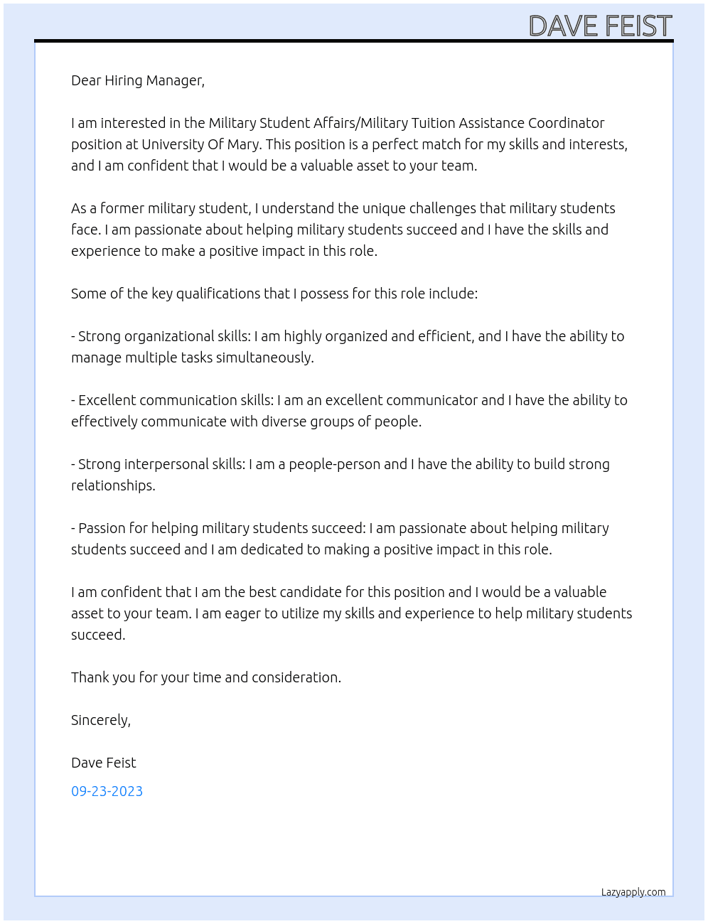 Military Student Affairs/Military Tuition Assistance Coordinator At University Of Mary Cover Letter