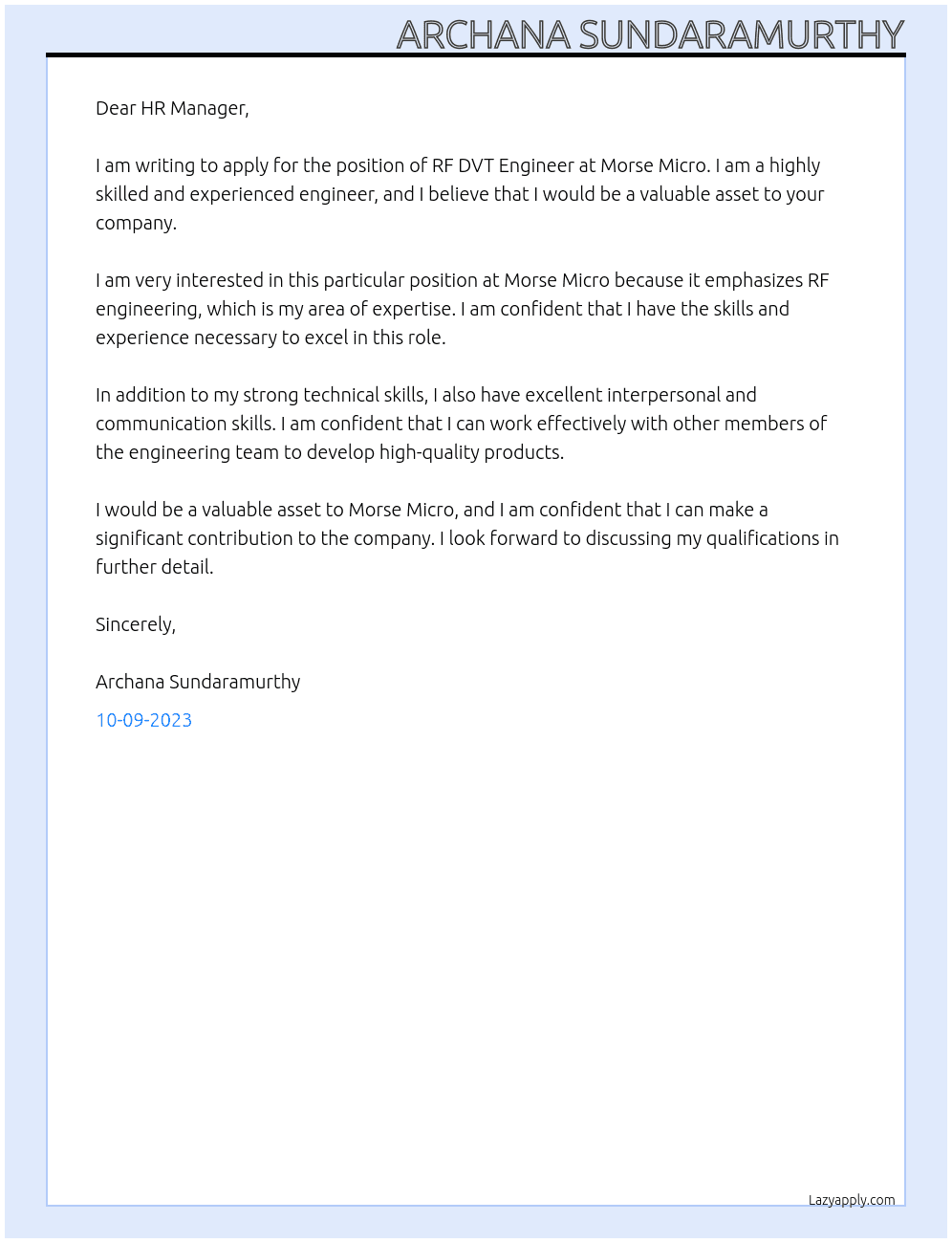 RF DVT Engineer At Morse Micro Cover Letter