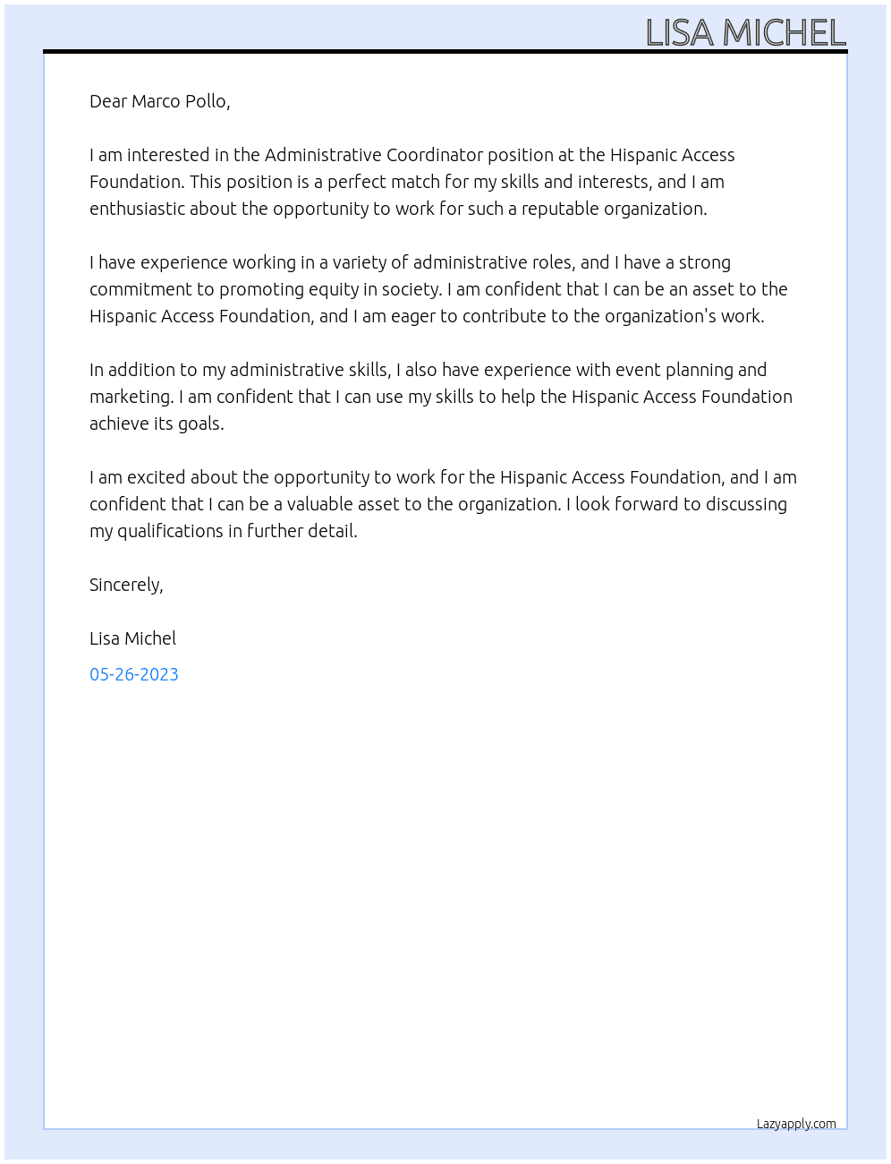Adminsitrative Coordinator At Hispanic Access Foundation Cover Letter