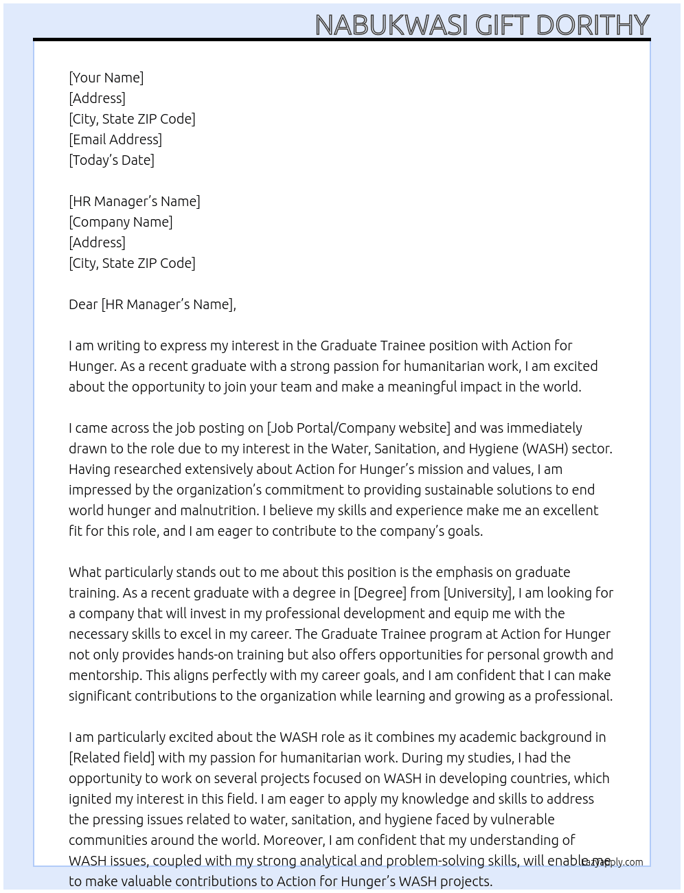 Graduate trainee At Action for hunger Cover Letter