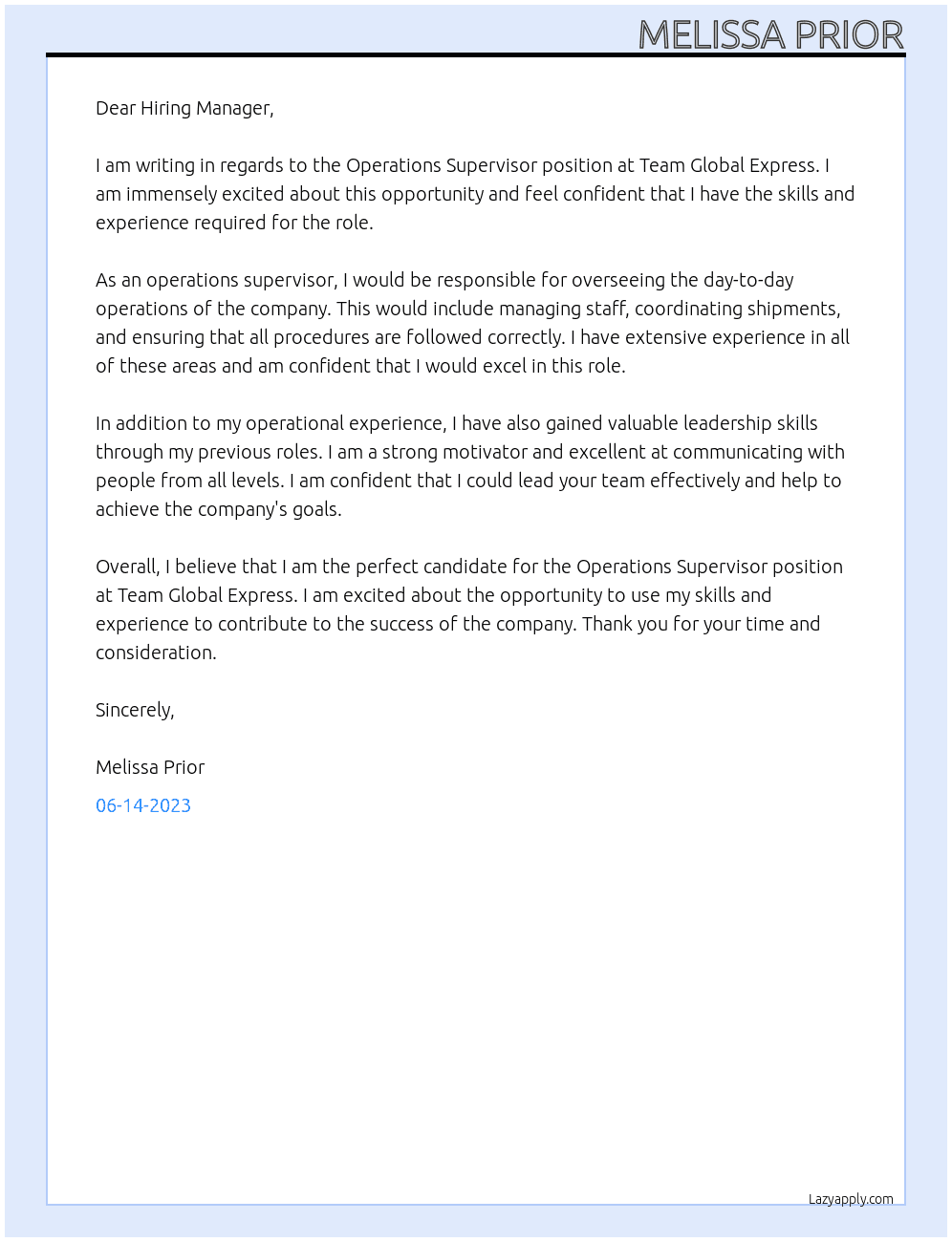 Operations Supervisor At Team Global Express Cover Letter