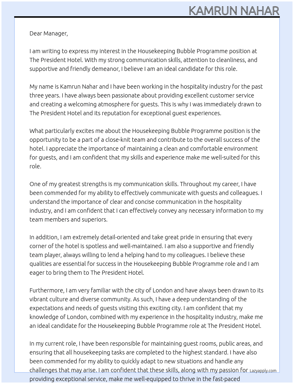 Housekeeping bubble programme  At The President Hotel Cover Letter