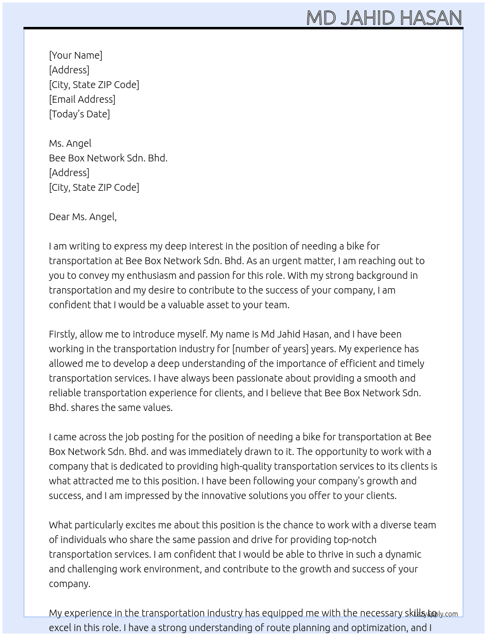 Cover letter for need a bike for transportation - LazyApply