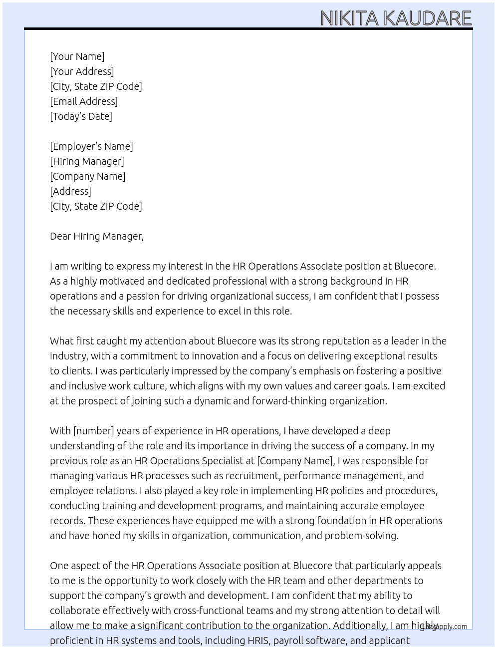 HR Operations associate At Bluecore Cover Letter