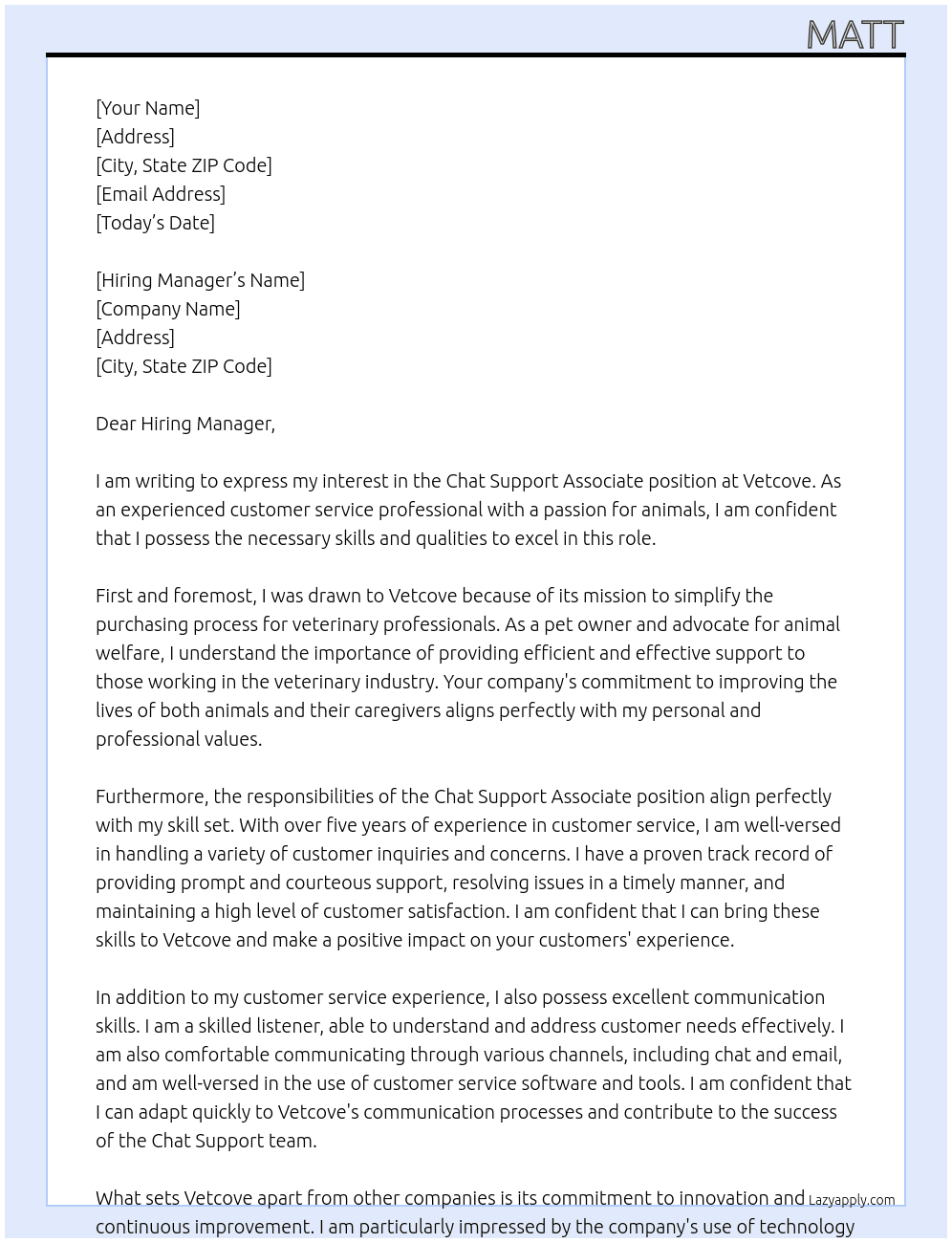 Chat Support Associate At Vetcove Cover Letter