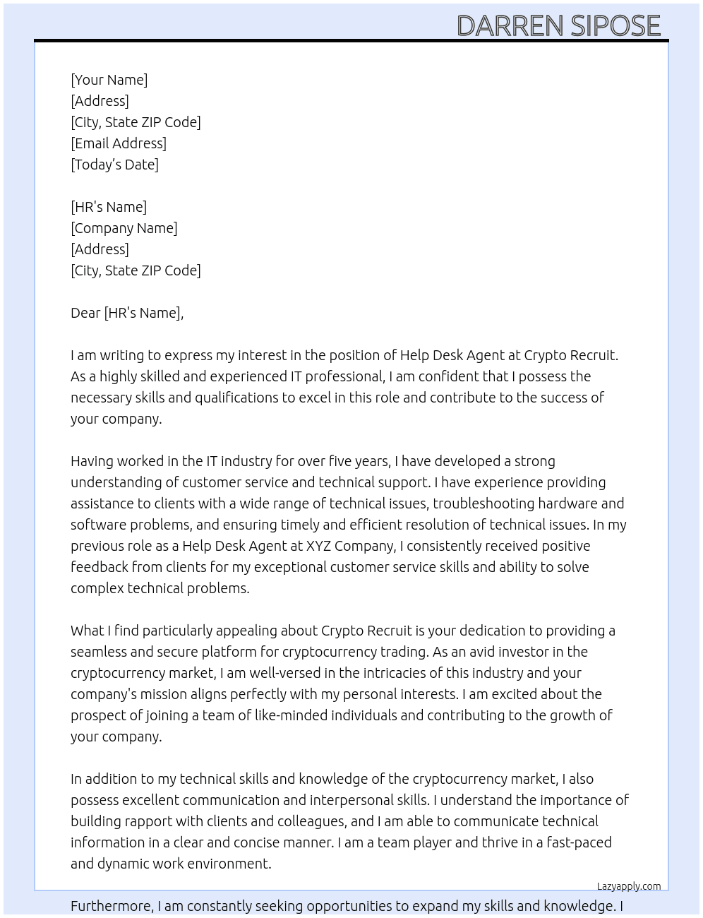 Help Desk Agent At Crypto Recruit Cover Letter