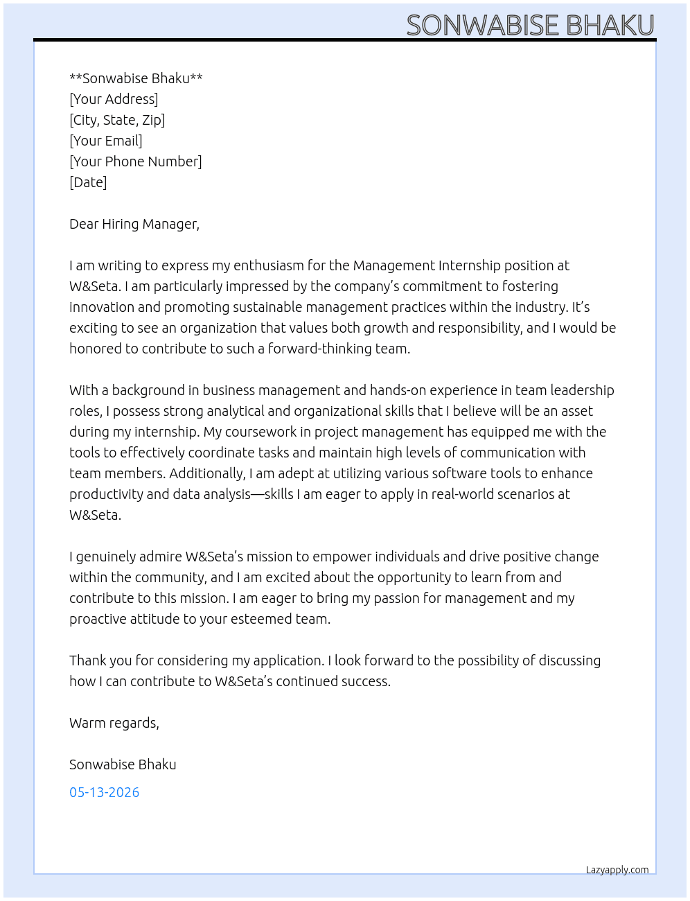 Cover letter for management internship - LazyApply
