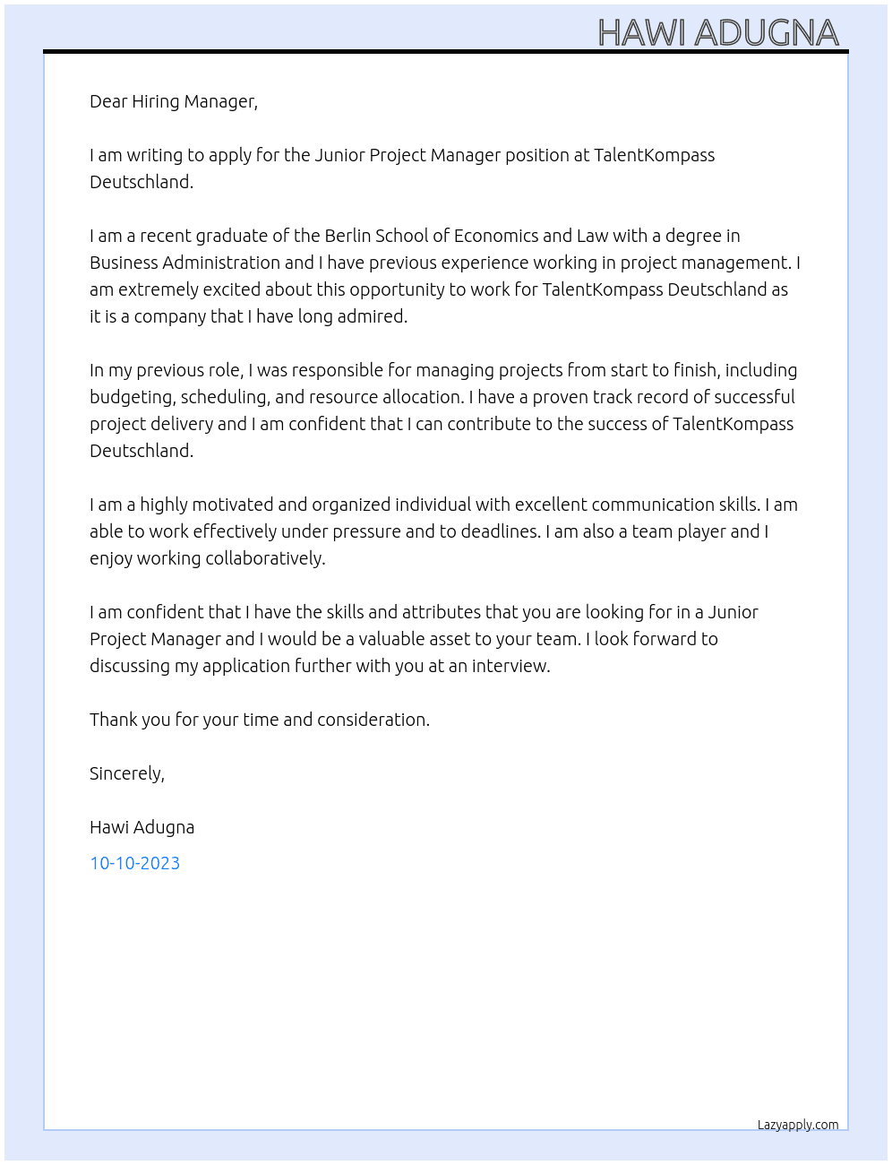 Junior project manager At TalentKompass Deutsclannd Cover Letter