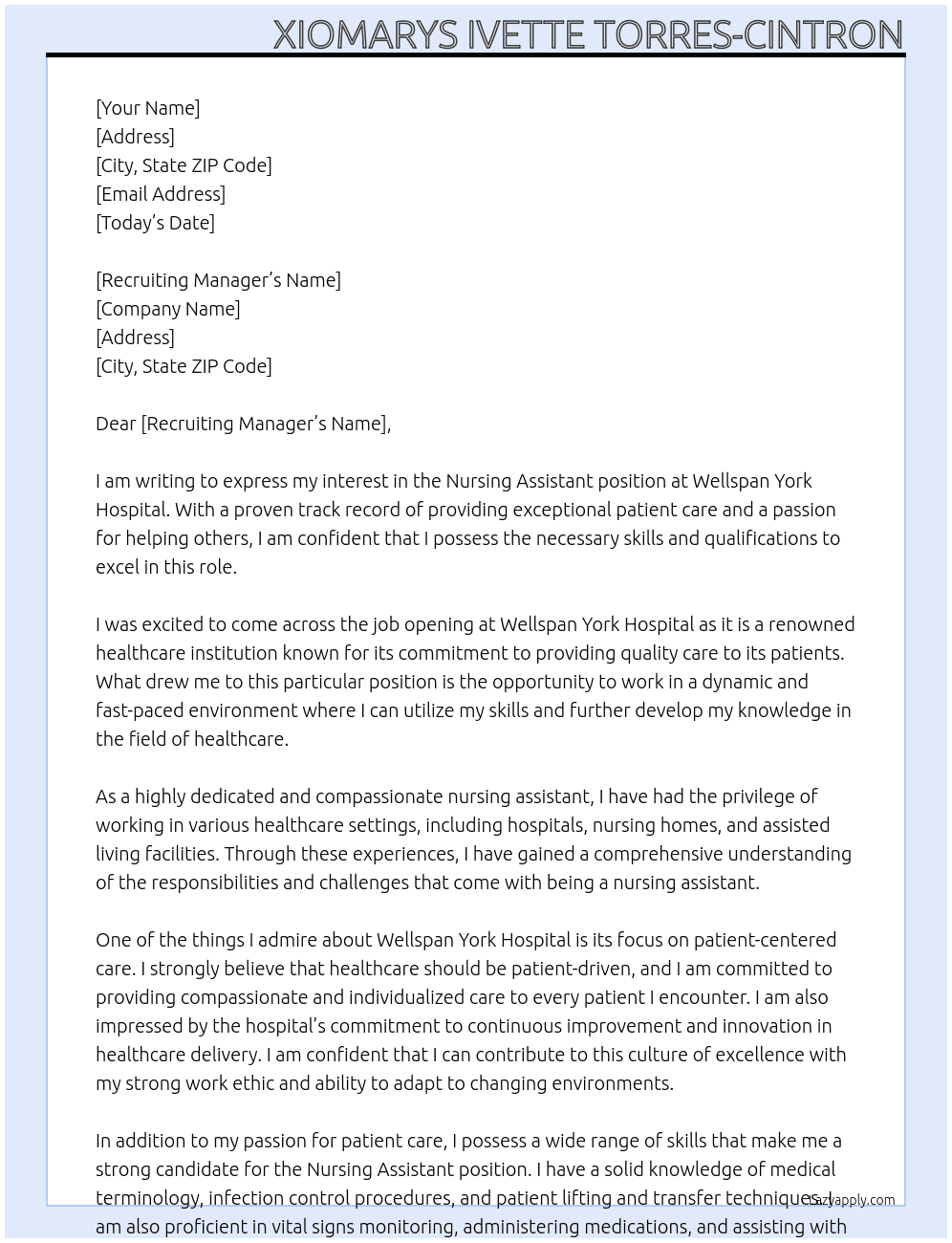 Nursing Assistant At Wellspan York Hosspital Cover Letter