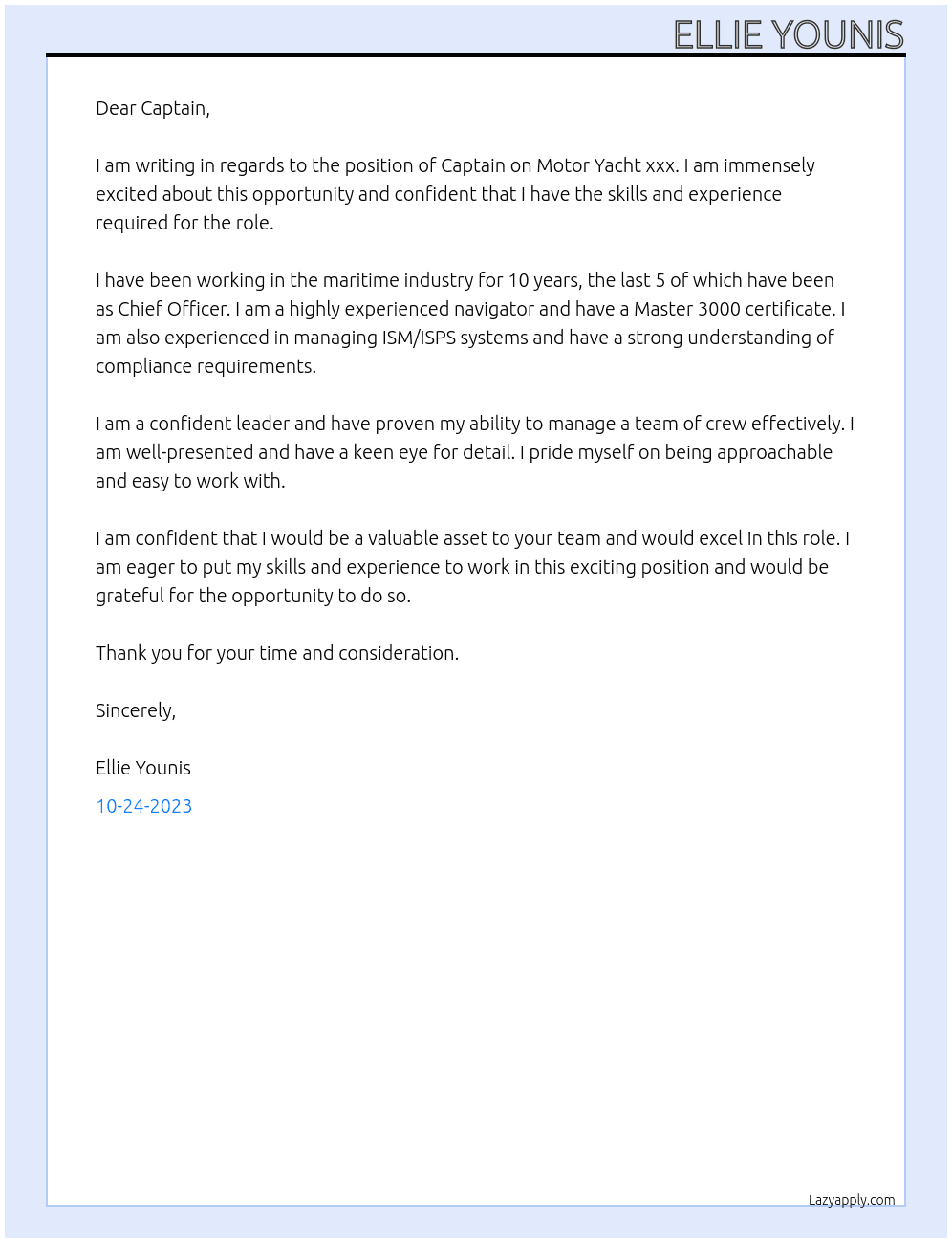 Captain At Motor Yacht xxx Cover Letter