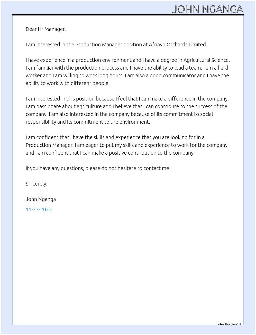 Production Manager At Afriavo Orchards Limited Cover Letter