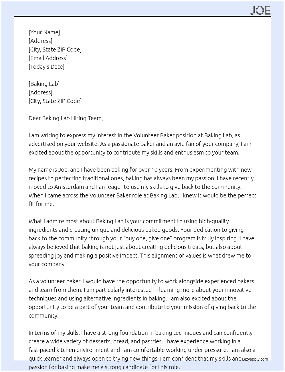 Volunteer Baker At Baking Lab Cover Letter