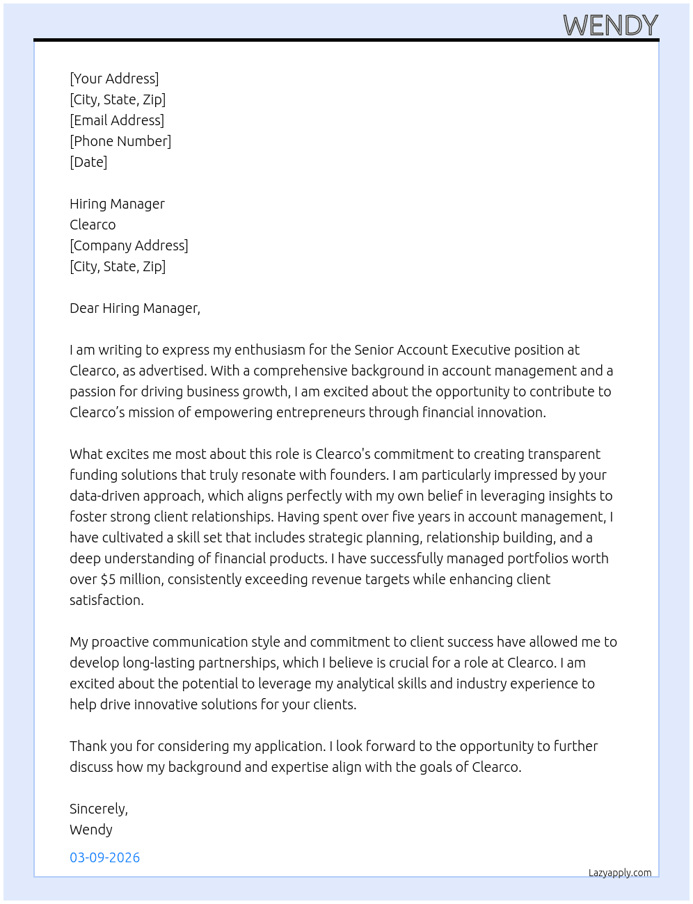 Senior Accoubnt Executive At Clearco Cover Letter