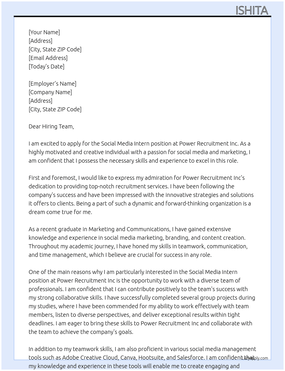 social media intern At Power Recruitment Inc Cover Letter