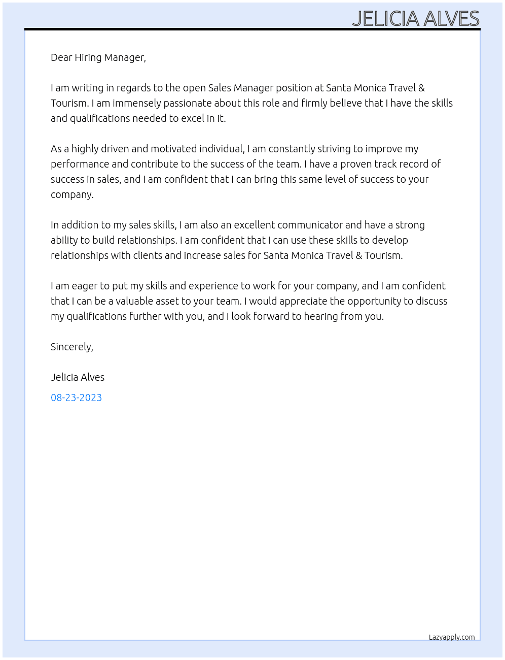 Sales Manager At Santa Monica Travel & Tourism Cover Letter