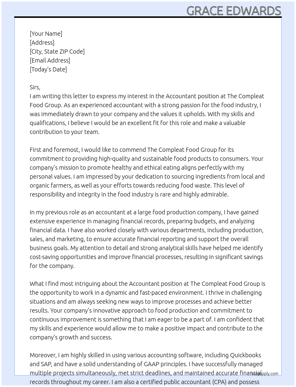 Accountant At The Compleat Food Group Cover Letter