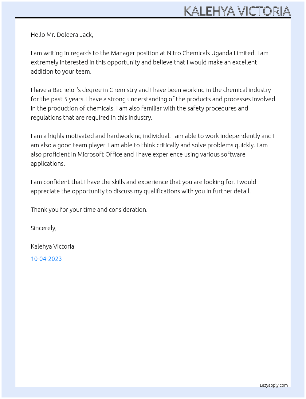 manager At nitro chemicals ugnada lmited Cover Letter