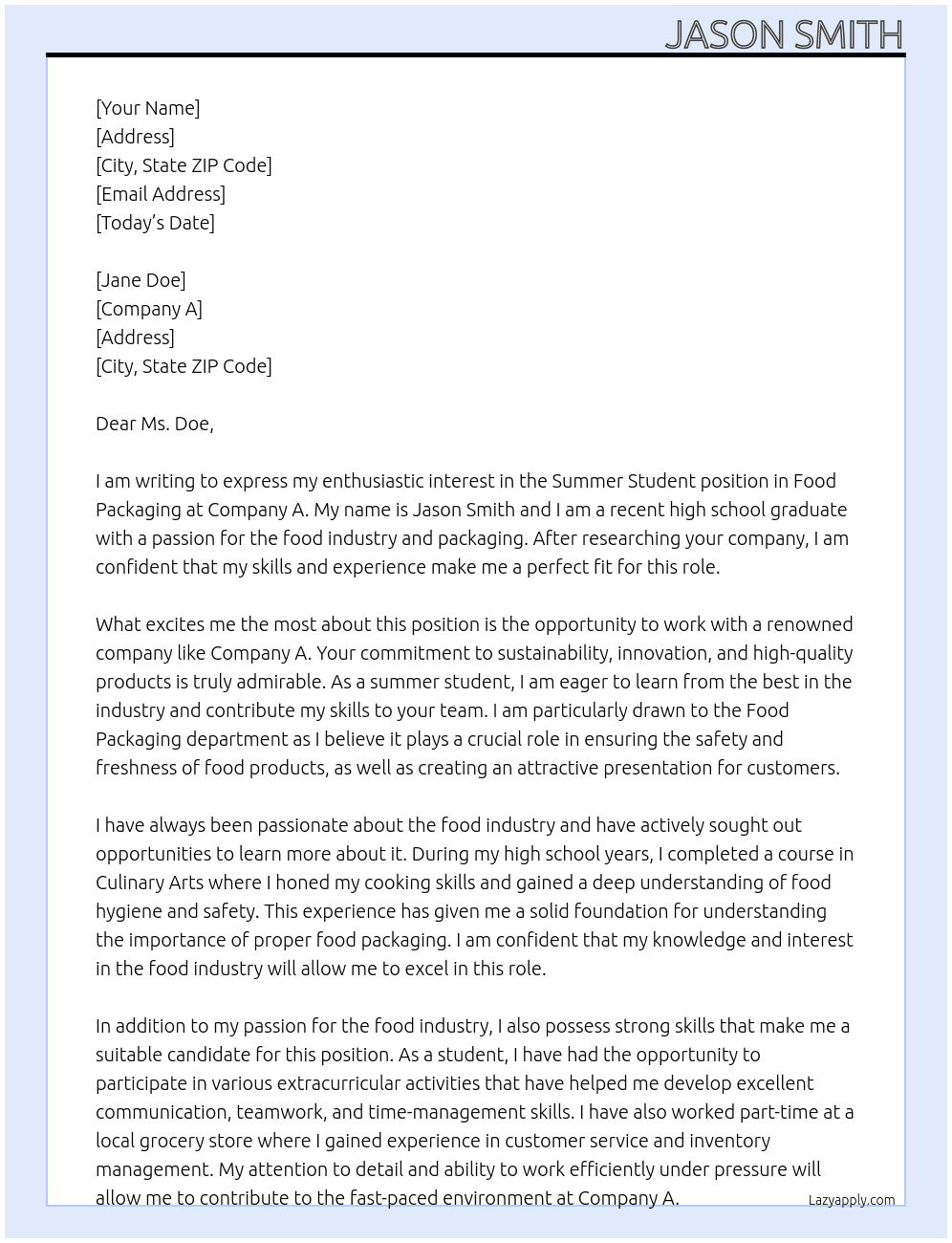 Summer Student, Food Packaging At Company A  Cover Letter